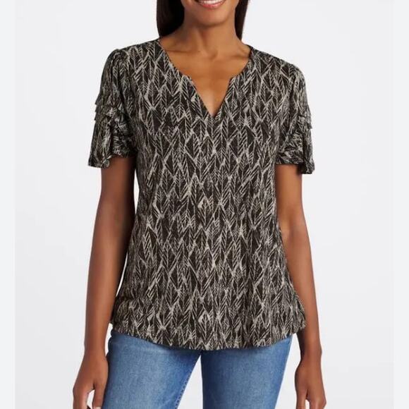 Nic+Zoe Tops Nzt Sketched Leaves Flutter Sleeve Split Neck Tee Size Medium - Picture 1 of 8